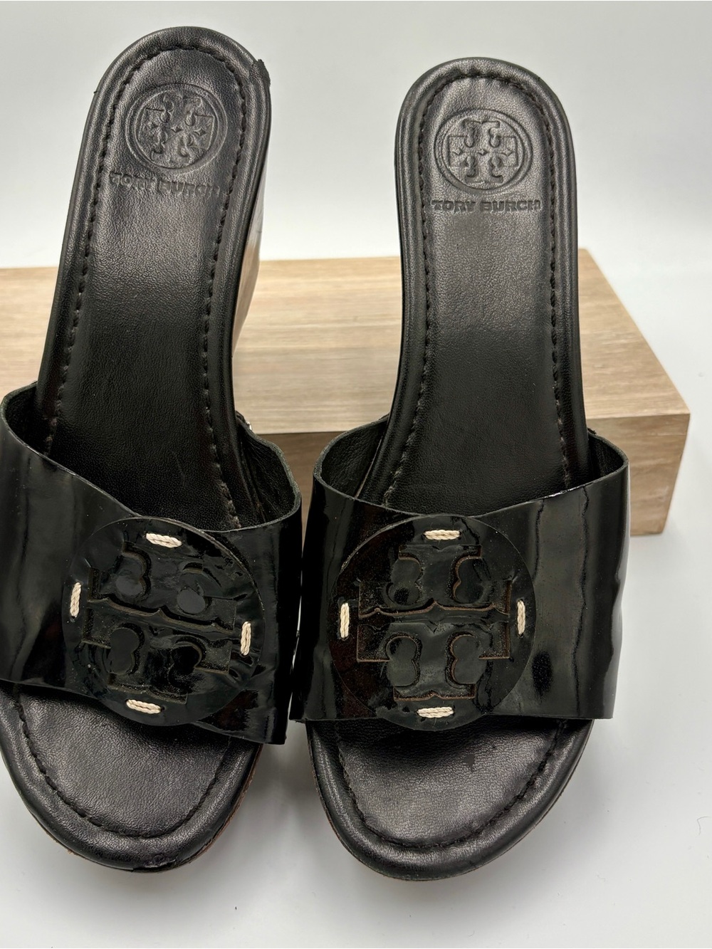 Tory Burch Black Patent Logo Slide Mules